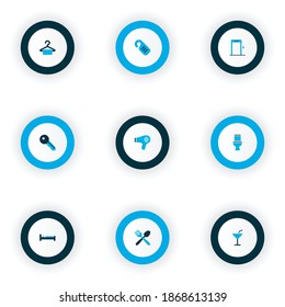 Vacation icons colored set with bed, cocktail, key and other restaurant elements. Isolated vector illustration vacation icons.