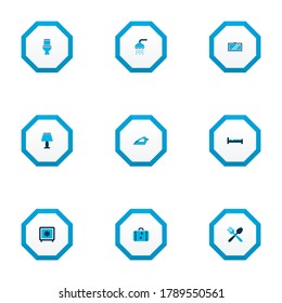 Vacation icons colored set with lamp, iron, case and other shower elements. Isolated vector illustration vacation icons.
