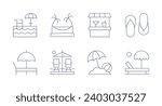 Vacation icons. Editable stroke. Containing swimming pool, hammock, sunbed, beach, beach bar, beach umbrella, flip flops.