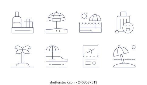 Vacation icons. Editable stroke. Containing conveyor, sun umbrella, island, beach, visa, travel.
