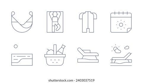 Vacation icons. Editable stroke. Containing wetsuit, hammock, beach, sunbathing, picnic basket, sunbed, calendar.