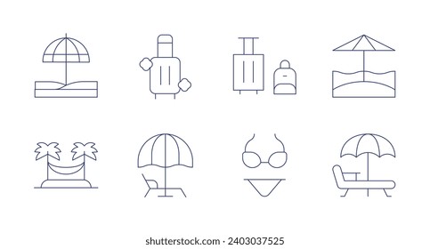 Vacation icons. Editable stroke. Containing parasol, suitcase, palm tree, sun umbrella, bikini, beach, sunbed.