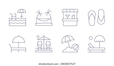 Vacation icons. Editable stroke. Containing swimming pool, hammock, sunbed, beach, beach bar, beach umbrella, flip flops.