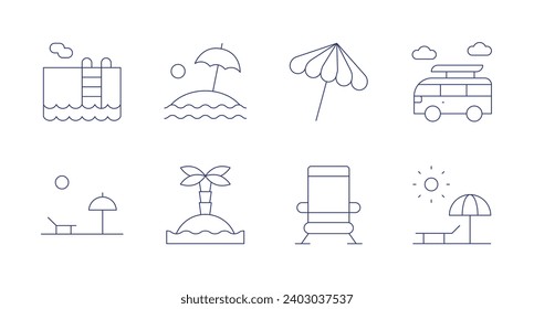 Vacation icons. Editable stroke. Containing island, swimming pool, beach, sun umbrella, umbrella, beach chair, sunbed, travel.