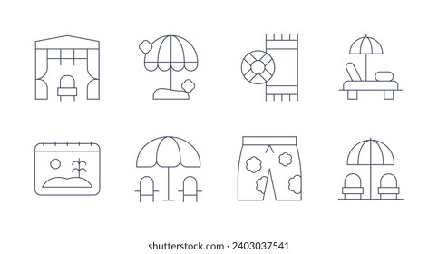 Vacation icons. Editable stroke. Containing canopy, beach umbrella, calendar, sun umbrella, towel, pants, sunbed.