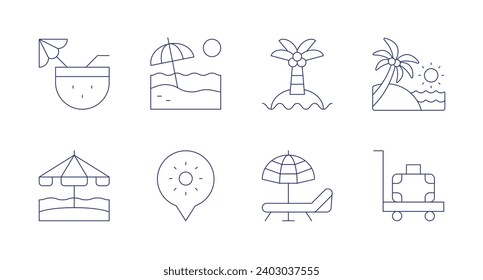 Vacation icons. Editable stroke. Containing cocktail, beach, island, holidays, baggage, summer holidays.