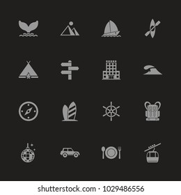 Vacation icons - Gray symbol on black background. Simple illustration. Flat Vector Icon.