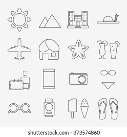 Vacation icons isolated on background. Vacation elements set. Travel icons collection. Summer icons set. Flat line style vector illustration. 