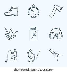 Vacation icons line style set with matchbox, axe, hiking man and other zoom elements. Isolated vector illustration vacation icons.