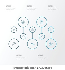 Vacation icons line style set with camping boots, hiking man, map and other climbing elements. Isolated vector illustration vacation icons.