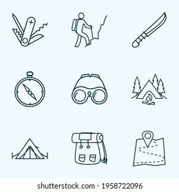 Vacation icons line style set with camping, tent, hiking man and other zoom elements. Isolated vector illustration vacation icons.
