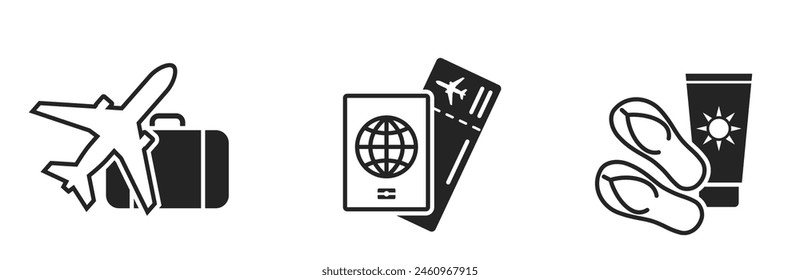 vacation icons. plane and luggage, flight ticket, sunscreen and flip flops. travel and journey symbols. isolated vector images for tourism design