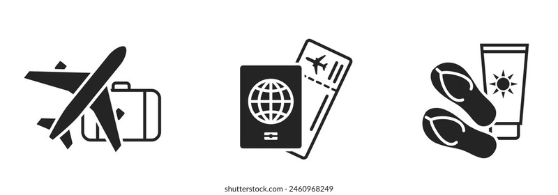 vacation icons. plane, passport, luggage and flight ticket. travel and journey symbols. isolated vector images for tourism design