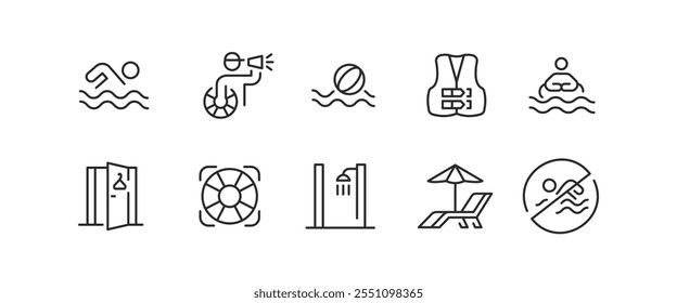 Vacation icons. Set of 10 vacation trendy minimal icons. Examples: Luggage, Water Ball, Life Jacket, Snorkelling icon. Design signs for web page, mobile app, packaging design. Vector illustration