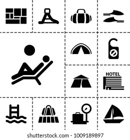 Vacation icons. set of 13 editable filled vacation icons such as luggage belt, lugagge weight, slippers, sailboat, swimming ladder, lugagge, waterslide, sport bag, hotel