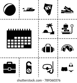 Vacation icons. set of 13 editable filled vacation icons such as boat, do not disturb, plastic ball, calendar, case, swimsuit, sport bag, snorkel, island, lugagge weight