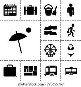 Vacation icons. set of 13 editable filled vacation icons such as slippers, man with case, ferris wheel, trailer, lugagge, case, umbrella, swimsuit, suitcase, bucket and shovel