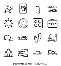 Vacation icons. set of 16 editable outline vacation icons such as luggage belt, from toy for beach, flip flops, boat, slippers, luggage scan, case, hotel