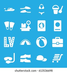 Vacation icons set. set of 16 vacation filled icons such as passport, bucket toy for beach, boat, Vegas, slippers, lugagge weight, luggage cart, swimsuit, baseball cap