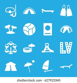 Vacation icons set. set of 16 vacation filled icons such as passport, tent, Vegas, waterslide, palm, snorkel, windsurfing, sunbed, umbrella, flippers
