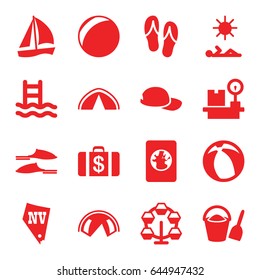 Vacation icons set. set of 16 vacation filled icons such as money case, vegas, slippers, lugagge weight, man laying in sun, flip flops, baseball cap, beach ball, passport