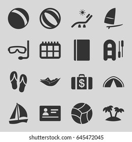 Vacation icons set. set of 16 vacation filled icons such as passport, ball, woman in hammock, sunbed, money case, palm, windsurfing, flip flops, beach ball, aqualung, tent