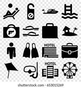 Vacation icons set. set of 16 vacation filled icons such as briefcase with weapon, kite, boat, do not disturb, case, home on island, snorkel, hotel, flippers