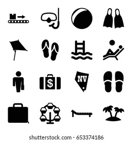 Vacation icons set. set of 16 vacation filled icons such as kite, money case, vegas, slippers, luggage scan, case, palm, snorkel, sunbed, flippers, man laying in the sun