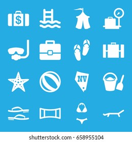 Vacation icons set. set of 16 vacation filled icons such as lugagge weight, flip flops, money case, vegas, tent, panorama mode, sunbed, starfish, swimsuit, suitcase