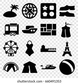 Vacation icons set. set of 16 vacation filled icons such as plane, tent, eiffel tower, ball, boat, from toy for beach, slippers, trailer, lugagge, avenue, island, swimsuit