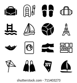 Vacation icons set. set of 16 vacation filled and outline icons such as woman in hammock, vegas, slippers, camera case, sailboat, flippers, beach ball, eiffel tower, kite