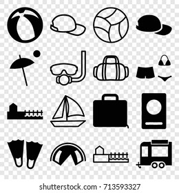 Vacation icons set. set of 16 vacation filled and outline icons such as passport, trailer, case, swimsuit, avenue, umbrella, baseball cap, beach ball, sport bag, sailboat