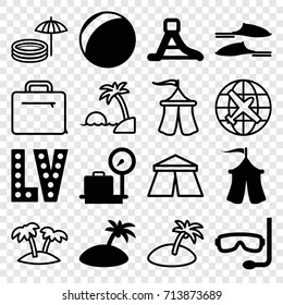 Vacation icons set. set of 16 vacation filled and outline icons such as lugagge weight, vegas, slippers, waterslide, tent, island, aqualung, plane, case, palm