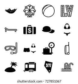 Vacation icons set. set of 16 vacation filled and outline icons such as lugagge weight, woman in hammock, money case, vegas, trailer, swimsuit, island, baseball cap, sunbed