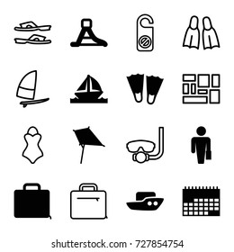 Vacation icons set. set of 16 vacation filled and outline icons such as boat, kite, case, waterslide, do not disturb, slippers, flippers, swimsuit, windsurfing