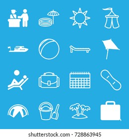 Vacation icons set. set of 16 vacation filled and outline icons such as pass control, kite, boat, case, man laying in the sun, palm, tent, camera case, hotel, sunbed