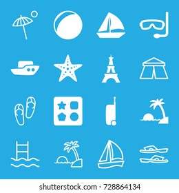 Vacation icons set. set of 16 vacation filled and outline icons such as eiffel tower, boat, from toy for beach, sailboat, starfish, island, suitcase, aqualung, tent