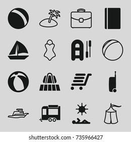 Vacation icons set. set of 16 vacation filled and outline icons such as luggage belt, passport, ball, sailboat, trailer, luggage cart, man laying in sun, beach ball, suitcase