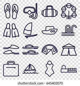Vacation icons set. set of 16 vacation outline icons such as tent, boat, slippers, case, avenue, flippers, pool ladder, flip flops, swimsuit, sport bag, snorkel, windsurfing