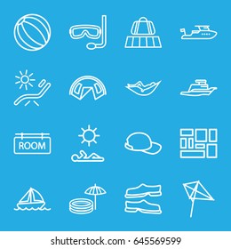 Vacation icons set. set of 16 vacation outline icons such as luggage belt, kite, woman in hammock, sunbed, boat, slippers, lugagge, ship, room tag, man laying in sun