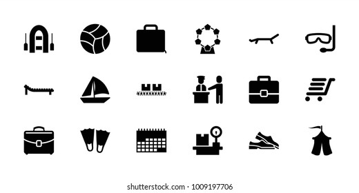 Vacation icons. set of 18 editable filled vacation icons: sailboat, flippers, calendar, lugagge weight, luggage cart, case, tent, sunbed, beach ball, aqualung, pass control