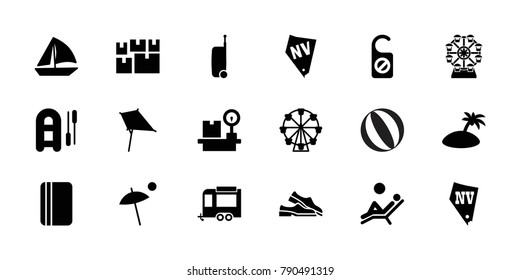 Vacation icons. set of 18 editable filled vacation icons: kite, vegas, sailboat, inflatable boat, ferris wheel, trailer, lugagge weight, umbrella, man laying in the sun