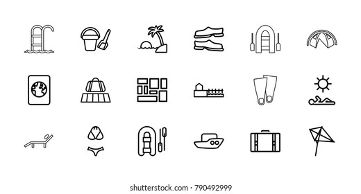 Vacation icons. set of 18 editable outline vacation icons: luggage belt, boat, bucket toy for beach, kite, slippers, inflatable boat, lugagge, avenue, man laying in sun