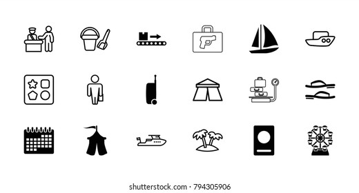 Vacation icons. set of 18 editable filled and outline vacation icons: passport, luggage scan, tent, flip flops, suitcase, pass control, boat, bucket toy for beach