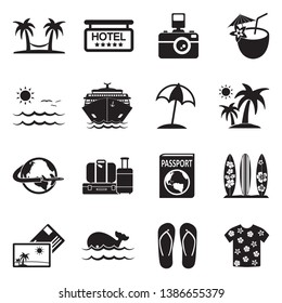 Vacation Icons. Set 2. Black Flat Design. Vector Illustration. 