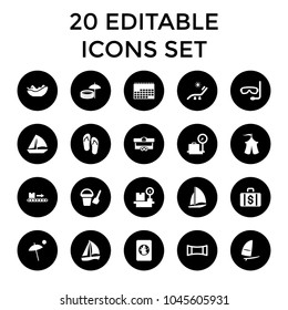 Vacation icons. set of 20 editable filled vacation icons such as lugagge weight, bucket toy for beach, sunbed, sailboat. best quality vacation elements in trendy style.