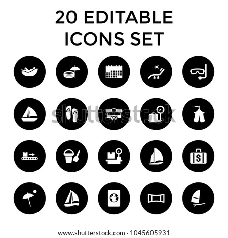 Vacation icons. set of 20 editable filled vacation icons such as lugagge weight, bucket toy for beach, sunbed, sailboat. best quality vacation elements in trendy style.