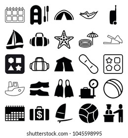 Vacation icons. set of 25 editable filled and outline vacation icons such as lugagge weight, tent, money case, slippers, inflatable boat, sailboat, calendar, sport bag