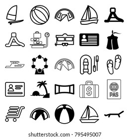 Vacation icons. set of 25 editable filled and outline vacation icons such as tent, waterslide, panorama mode, sunbed, island, passport, flip flops, sailboat, inflatable boat