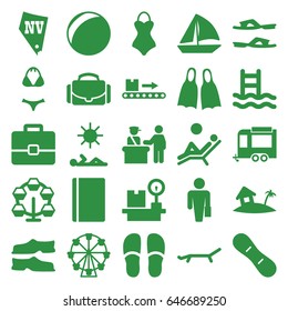 Vacation icons set. set of 25 vacation filled icons such as pass control, passport, vegas, slippers, sailboat, trailer, luggage scan, lugagge weight, camera case